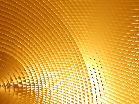 Golden tinted rendering of section of three dimensional circular mesh suitable as a background screen