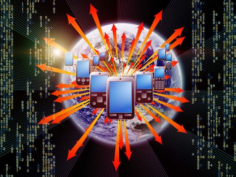 Interplay of cellular phones, Earth globe, numbers,  lights and abstract elements on the subject of global communications, connectivity and mobile gadgets