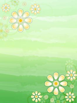 spring background with beige daisy flowers over green gradient with curves