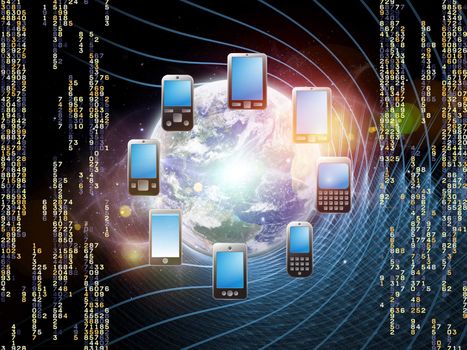 Rendering of arrangement of cellular phones, planet Earth and abstract design elements on the subject of global digital phone technologies, cellular communication and modern electronic gadgets