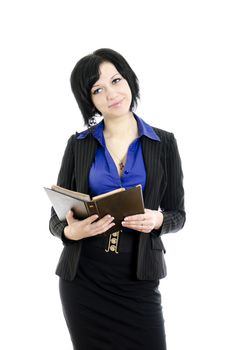 Portrait of a business woman with document. Over white background.