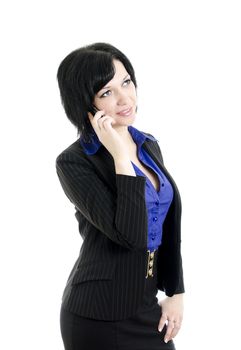 Portrait of a business woman with mobile phone. Over white background.