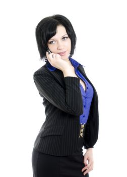 Portrait of a business woman with mobile phone. Over white background.