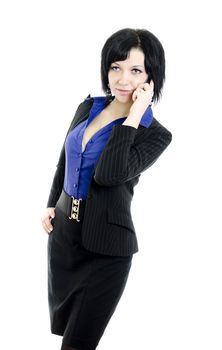 Portrait of a business woman with mobile phone. Over white background.