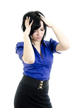Portrait of stressed business woman. Isolated on white background