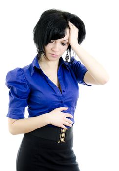 Portrait of stressed business woman. Isolated on white background