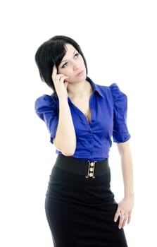 Portrait of business woman thinking over something. Isolated on white background