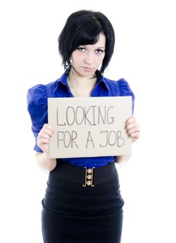 Unemployed woman with cardboard looking for a job. Isolated over white.