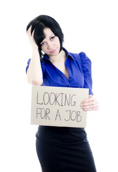 Unemployed woman with cardboard looking for a job. Isolated over white.