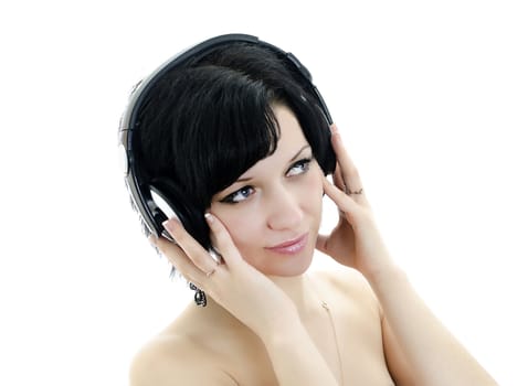 Close-up portrait of brunette woman with headphones, isolated over white background