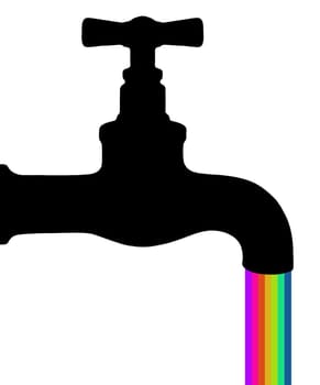 Illustration of an isolated tap with multicoloured water