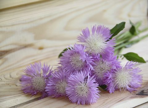 Lilac bouquet of wild flowers on a wooden table