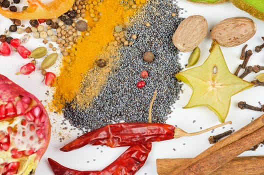 Colorful spices on a white background - beautiful kitchen image.