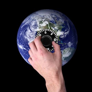 A conceptual image of a hand locking a combination lock on the Earth.