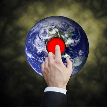 A conceptual image of a man pushing a red panic button on the Earth.