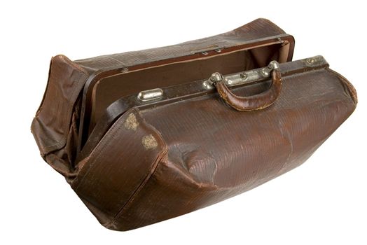 Old brown suitcase on a light background