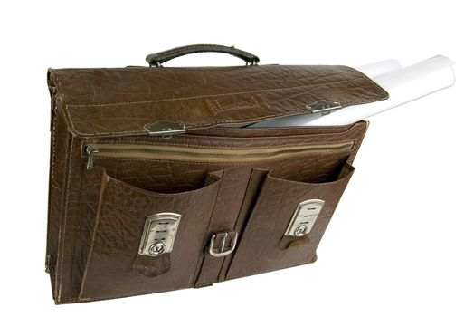 Old brown suitcase on a light background