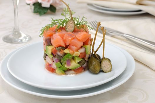salted salmon tartar with avocado and capers