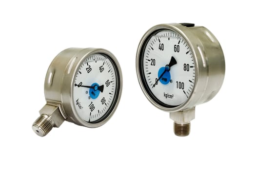 Two disconnected pressure gauges isolated on white