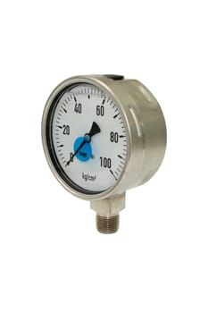 Pressure gauge with a zero reading isolated on white.