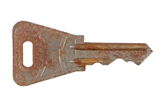 Rusty key isolated on white background.