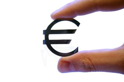 A human hand holding an Euro sign. All isolated on white background.