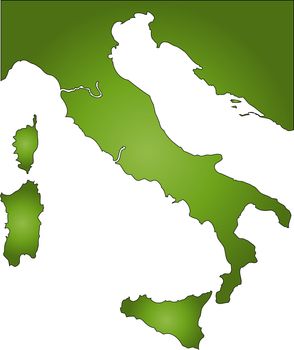 A stylized map of Italy in green tone. All isolated on white background.