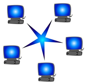 Several computer in a typical network. All isolated on white background.