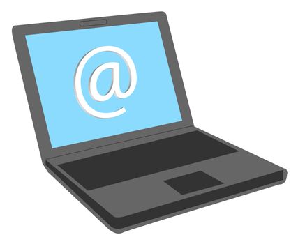 A stylized notebook computer showing a web symbol on the screen. All isolated on white background.