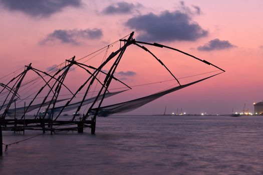 Kochi chinese fishnets on sunset. Fort Kochin, Kochi, Kerala, India