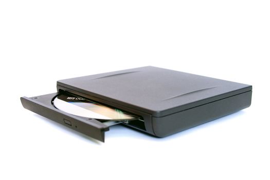 A simple external CD/DVD drive isolated on white.