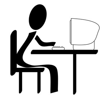 A stylized person working at his desktop computer. All isolated on white background.