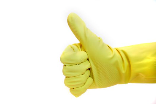 A human hand in yellow gauntlet praises someone or something. All isolated on white background.