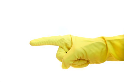 A human hand in yellow gauntlet pointing at something. All isolated on white background.