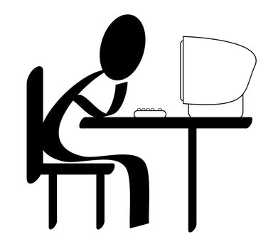 A stylized person working at his desktop computer. All isolated on white background.