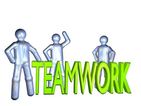 Three stylized persons standing beside the word teamwork. All isolated on white background.