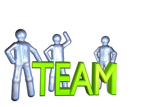 Three stylized persons standing beside the word teamwork. All isolated on white background.