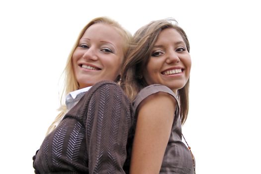 Two girlfriends standing back to back in front of white background.
** Note: Slight blurriness, best at smaller sizes.