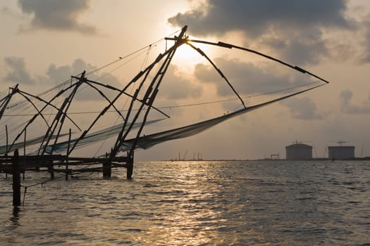 Kochi chinese fishnets on sunset. Fort Kochin, Kochi, Kerala, India