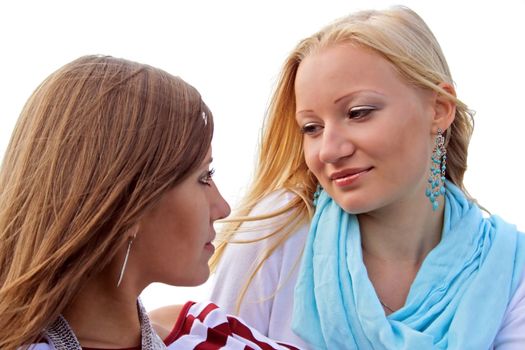 Two girlfriends standing back to back in front of white background.
** Note: Slight blurriness, best at smaller sizes.