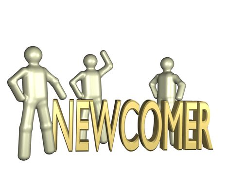 Several stylized persons standing beside the lettering newcomer. All isolated on white background.