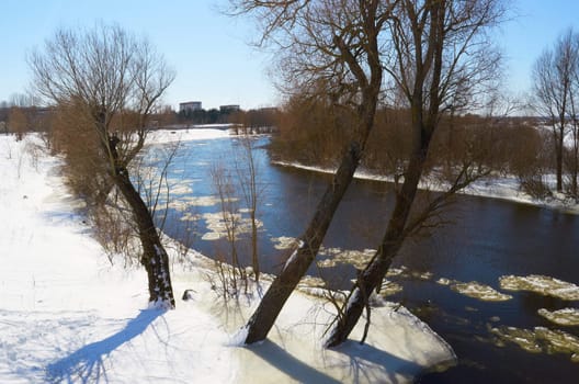 Winter river.Chunks of ice floating on the river in winter