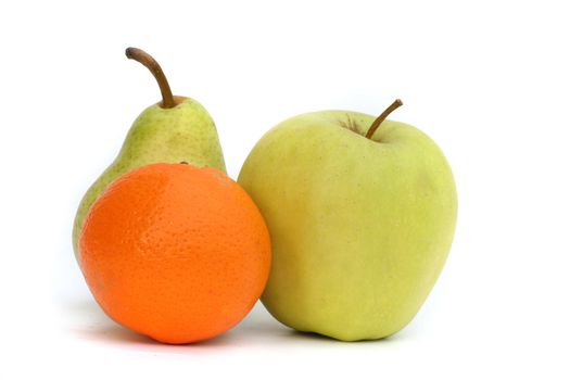 A pear apple and clementine isolated on white background.