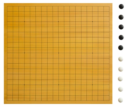 A empty goban with isolated go stones (goishi). Every board position can easily be created with this set. Clipping path included, for each stone seperately.