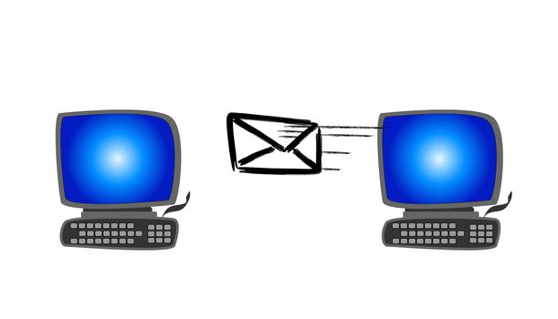 An illustration of an envelope flying between two computers.
