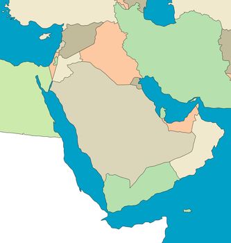 An outlined map of the Middle East. All isolated on white background.