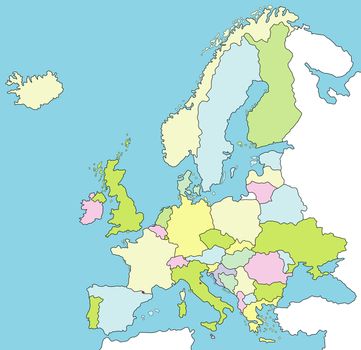 An outlined map of Europe showing the different countries. All isolated on white background.