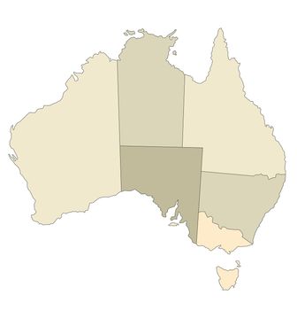 An outlined map of Australia in brown tone showing the different countries. All isolated on white background.