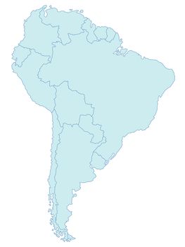 An outlined map of South America in blue tone. All isolated on white background.