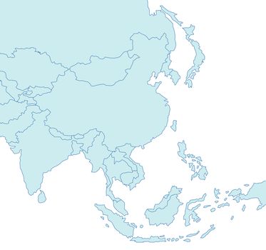 An outlined map of Asia in blue tone showing the different countries. All isolated on white background.